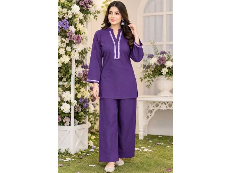 Women’s Purple 2-Piece Co-Ord Set – Elegant Lace Detail Kurta & Wide-Leg Trouser