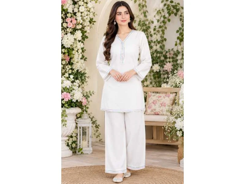 Women’s White Georgette Short Kurti Co-Ord Set with Multicolor Neckline & Sleeve Detailing