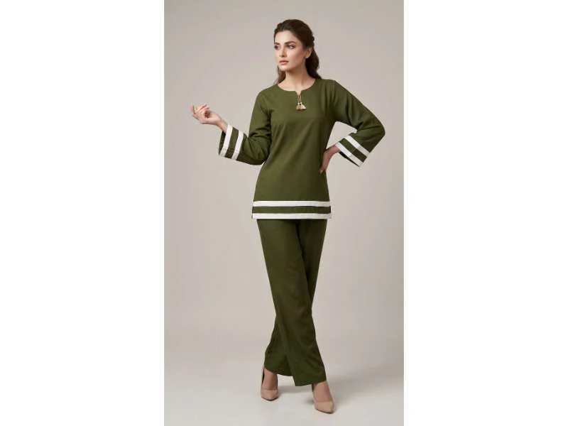 Olive Green 2-Piece Co-Ord Set with White Stripe Detail